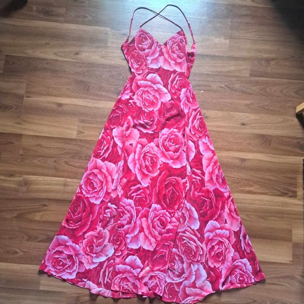 Vintage y2k Victoria's secret Rose backless Pink Sheer Full Length Maxi dress